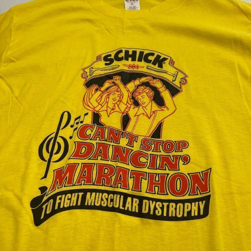 VTG Schick Yellow Single Stitch Muscular Dystrophy T-Shirt Size XL
